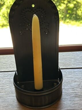Vintage punched tin heart tapered candle wall sconce